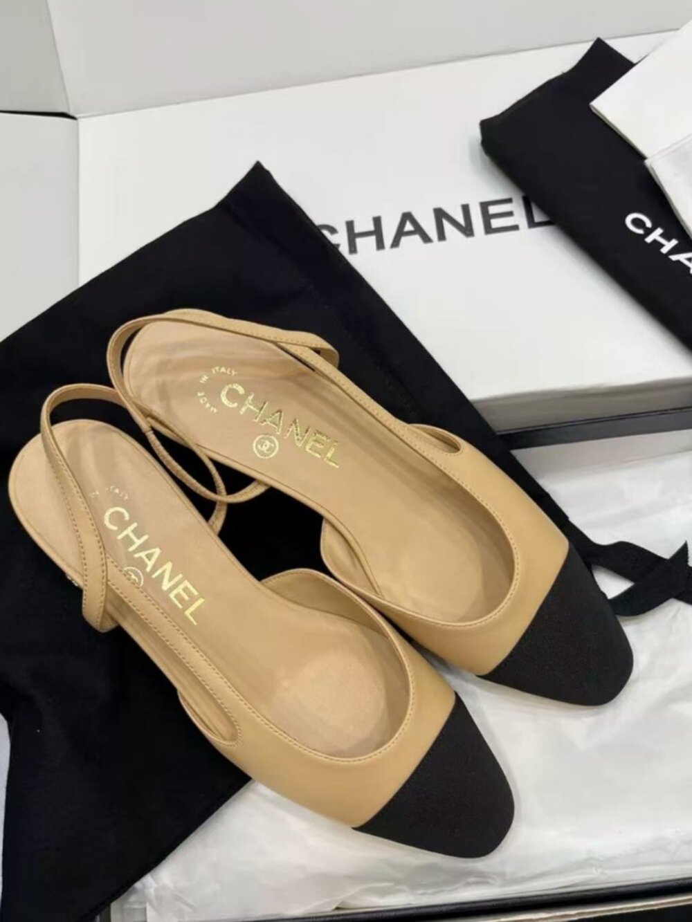 CHANEL Beige & Black Two-Tone Lambskin Slingback Flats